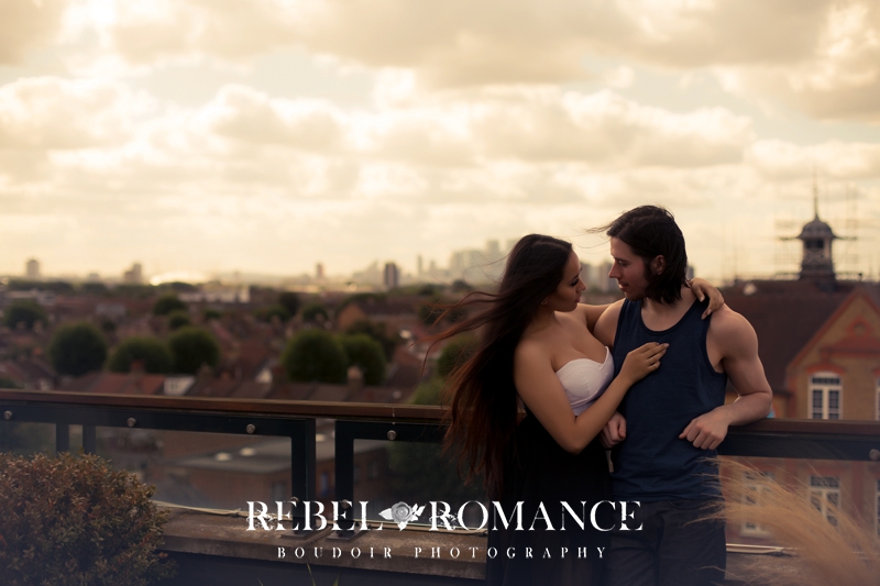 Couples Boudoir Photography Rebel & Romance Boudoir London_035 cinematic couples boudoir photo shoot on a London rooftop, with the London skyline in the background