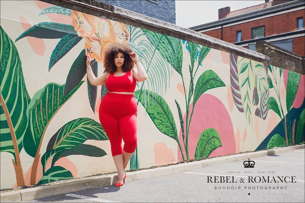 tropical feeling photo shoot of plus size mixed race woman with afro in London