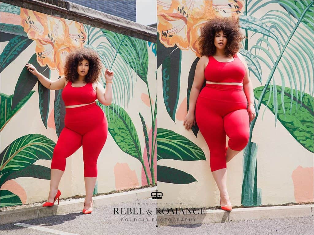 tropical feeling photo shoot of plus size mixed race woman with afro in red shapewear