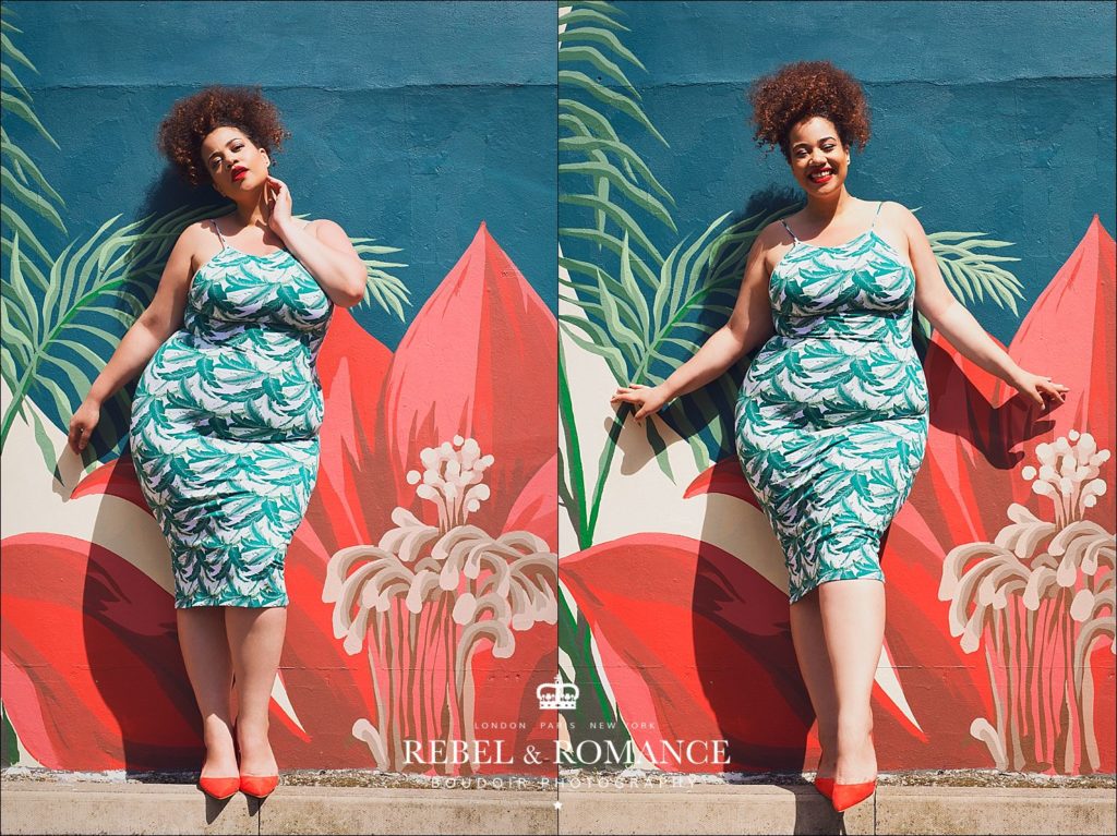 plus size fashion photoshoot in front of a tropical wall mural