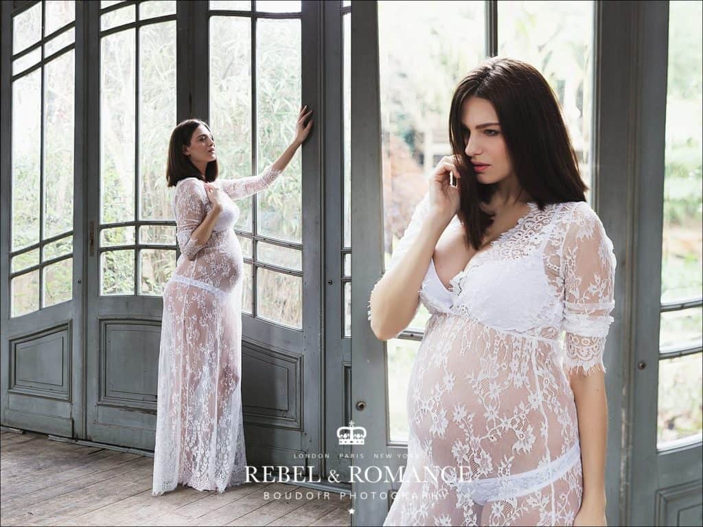 heavily pregnant bump photoshoot in white lace gown