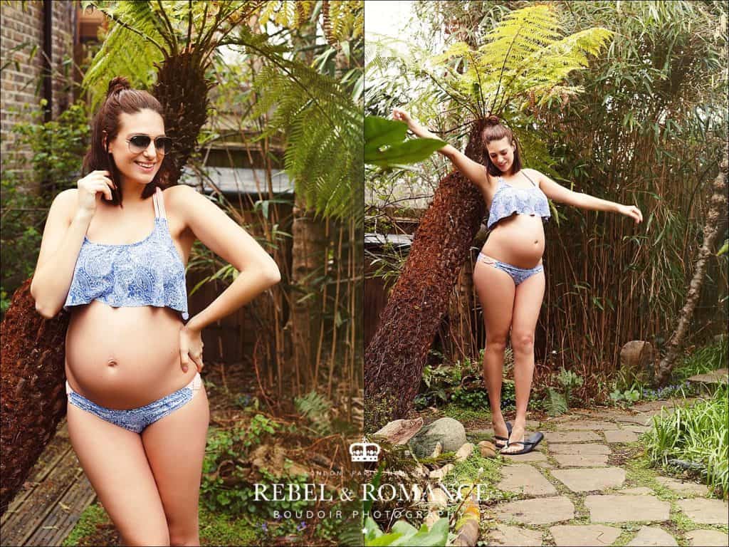 pregnant woman in swim suit and tropical setting