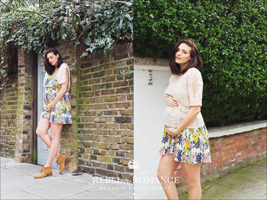 pregnant woman in floral dress in london