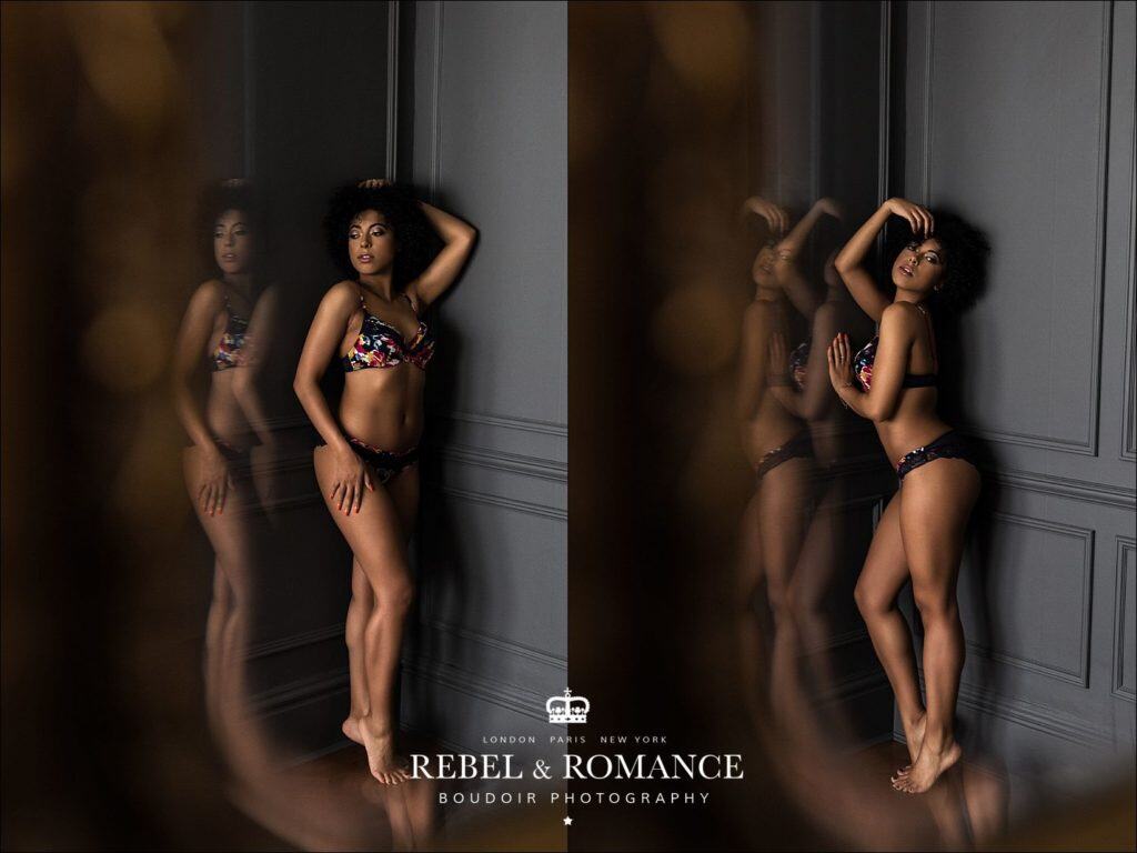 Rebel & Romance Boudoir Photography lingerie photo shoot featuring natural afro