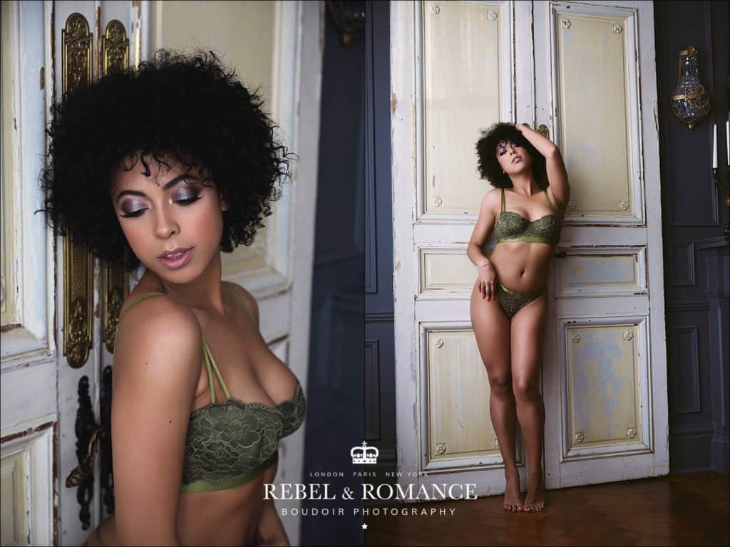 Rebel & Romance Boudoir Photography lingerie photo shoot featuring natural afro