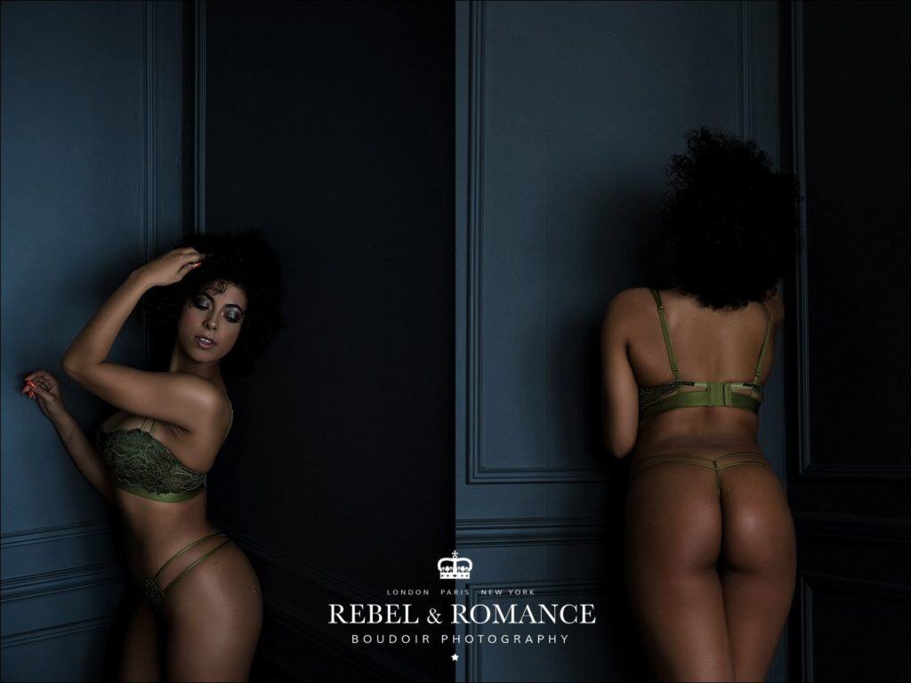 Rebel & Romance Boudoir Photography lingerie photo shoot featuring natural afro