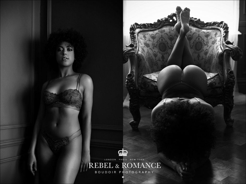 Rebel & Romance Boudoir Photography lingerie photo shoot featuring natural afro