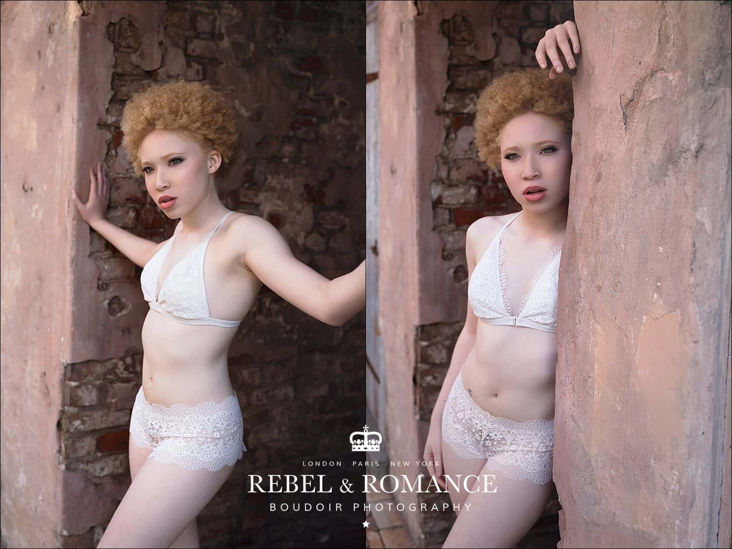 albino woman with afro in lingerie in new orleans