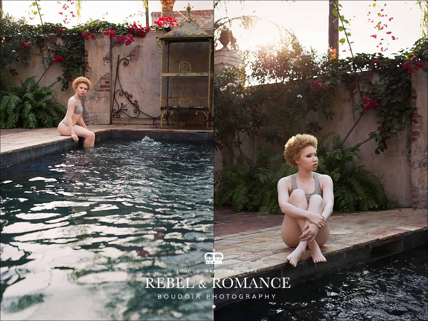 black albino woman with ginger afro by a pool