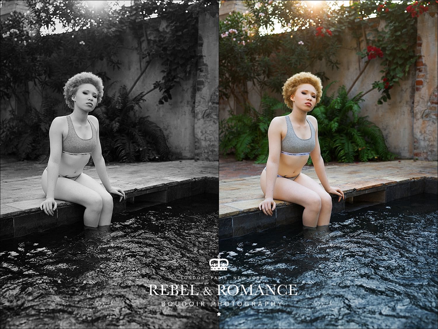 albino woman with her feet in the pool