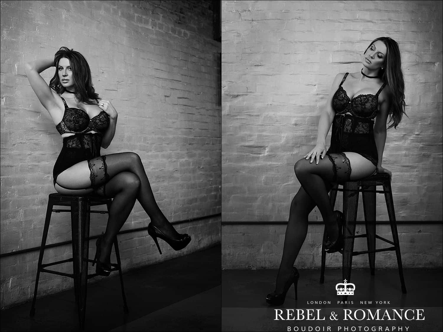 woman in lingerie on a tall bar stool
