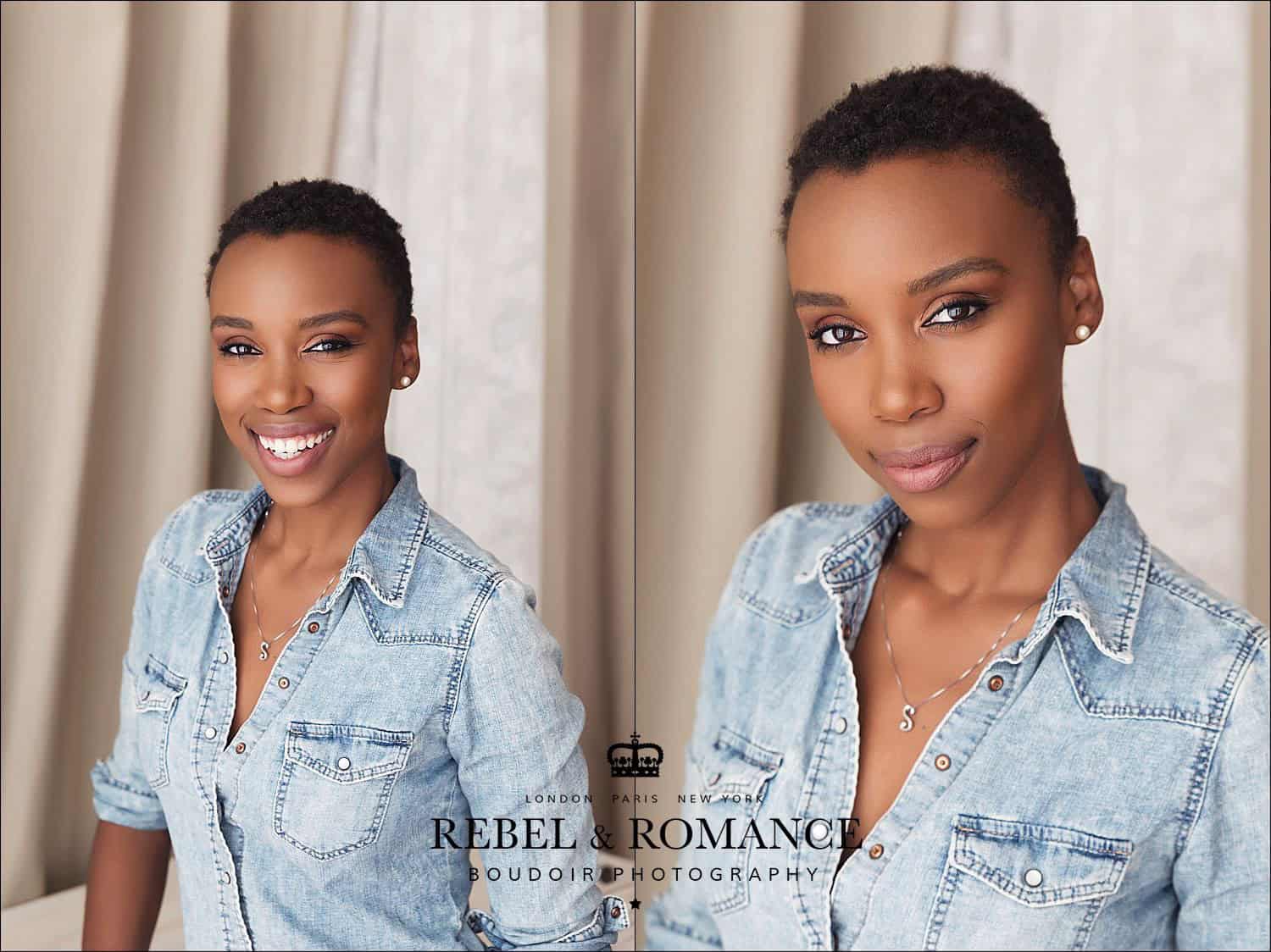headshot portaits of black girl with shaved head