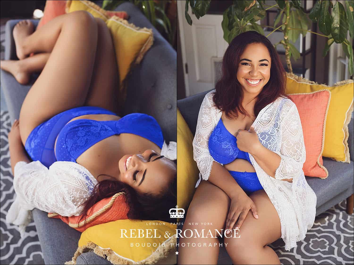 curvy woman in colorful lingerie on california porch
