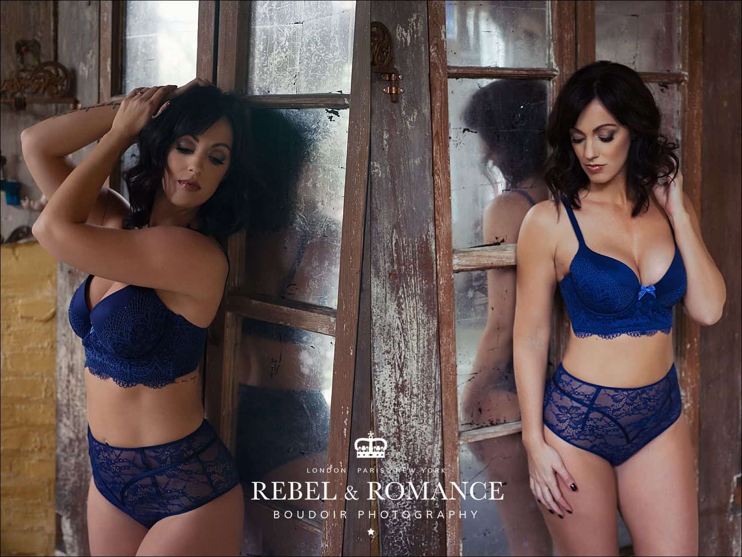 brunette woman posing in lingerie in front of a mirror