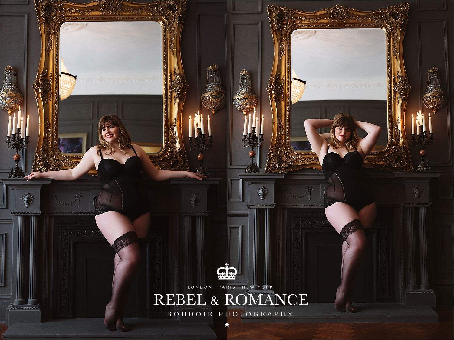 plus size woman in black lingerie front of mirror and candles