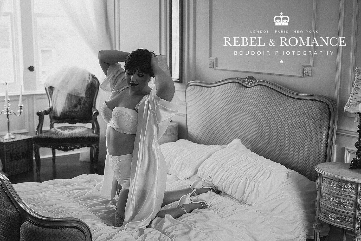 best boudoir photography of plus size woman in french bedroom