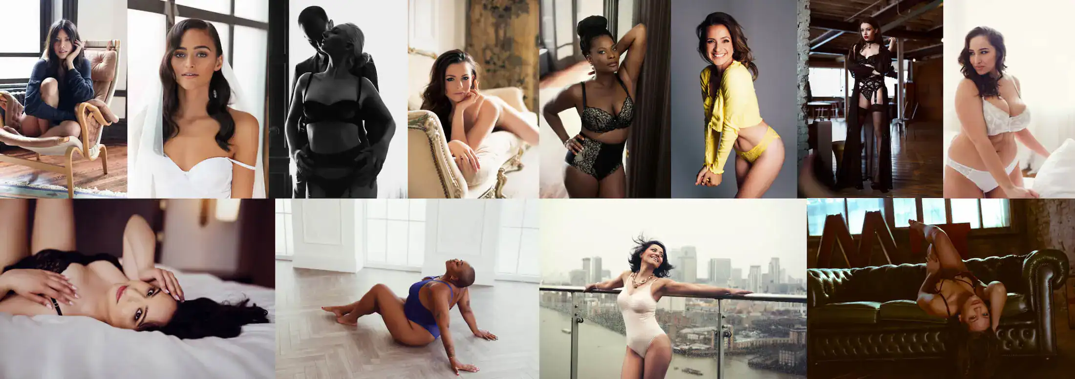 Boudoir photography gallery by Rebel & Romance in London, featuring diverse women in studio, lifestyle, and editorial settings