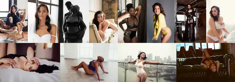 Collage of four boudoir images—relaxed poses in soft natural light, London locations.