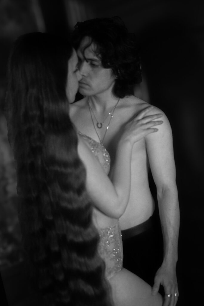 Black and white portrait of couple during intimate London photoshoot