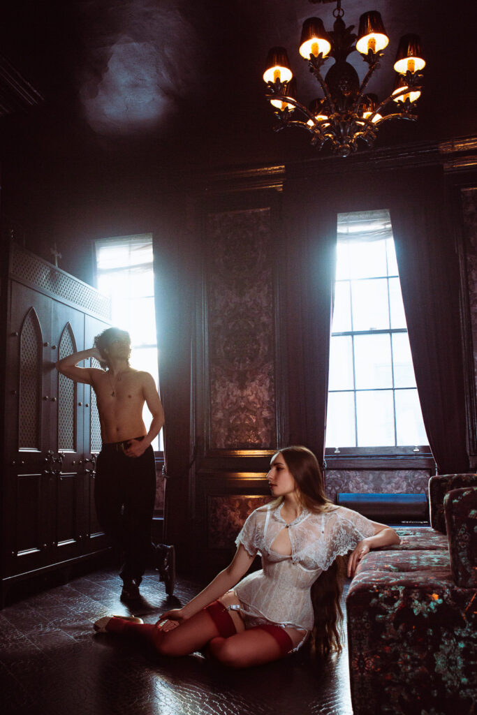 Silhouette of couple by in a dramatic room, romantic couples photoshoot London