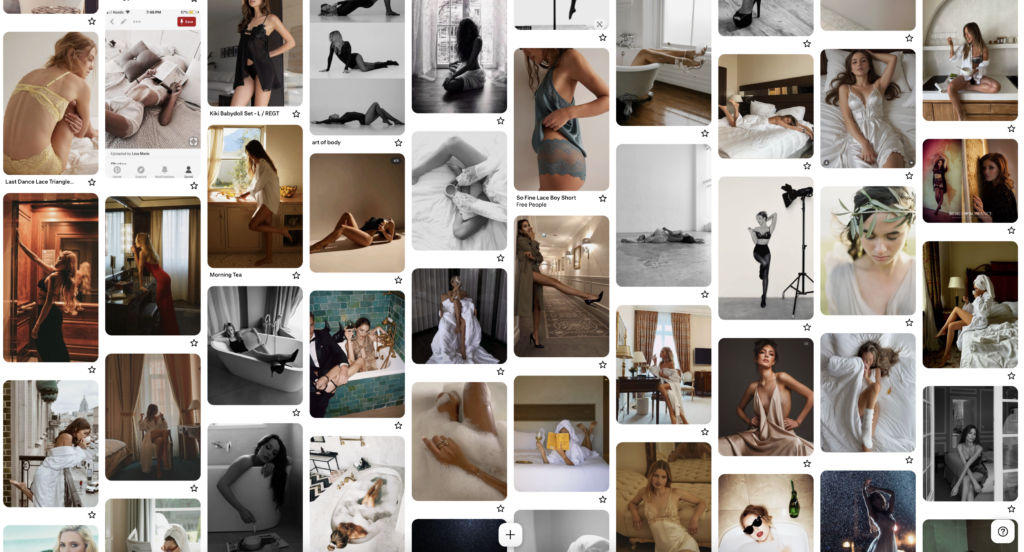 boudoir photo shoot mood board for a real client showing an understated, minimal vibe