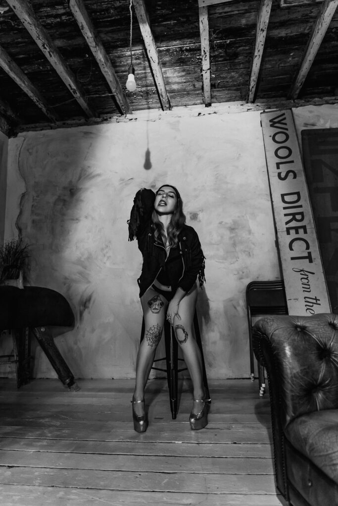 Black and white editorial warehouse boudoir shoot London, rocker vibes