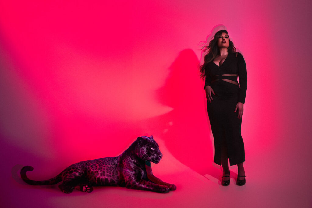 Experimental image from a curvy boudoir photoshoot with a woman and a leopard, pink and purple lighting in a white cove studio in London